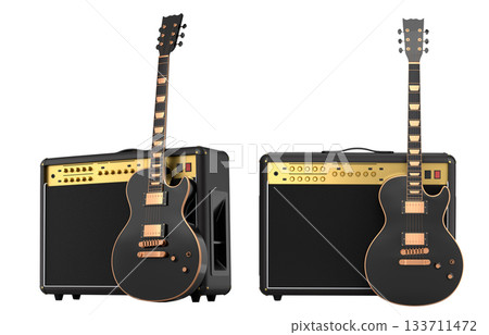 Set of amplifier with acoustic guitar isolated on white background. Set of amplifier with acoustic guitar isolated on white background. 133711472