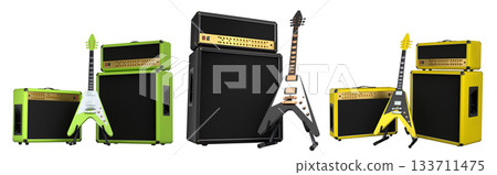 Set of amplifier with acoustic guitar isolated on white background. 133711475