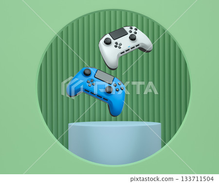 Colorful gaming controllers joystick levitating over podium against abstract background, minimalist concept device on pedestal 133711504