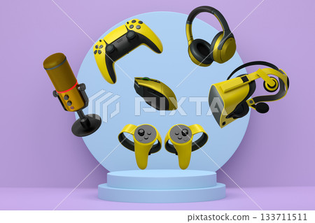 Assorted gaming gadgets like controllers, VR headset, mouse, and mic floating above circular podium and white platform 133711511