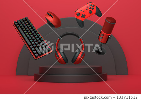 Gaming keyboard, mouse, controllers, mic and headphones floating above podium on abstract pastel background, symbolizing games 133711512