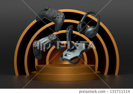 Game controllers, headphones, and joystick floating over podium with abstract background, representing modern gaming equipment 133711514