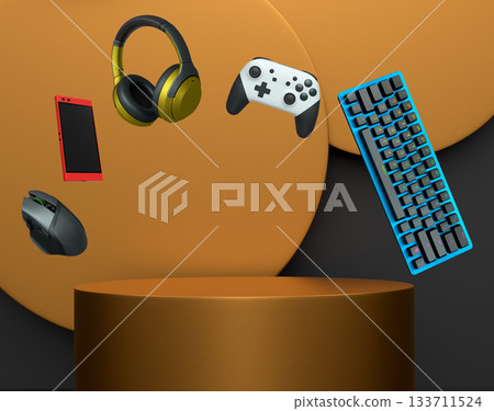 Gaming keyboard, mouse, controllers, phone and headphones floating above podium on abstract pastel background, symbolizing games 133711524