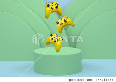 Colorful gaming controllers joystick levitating over podium against abstract background, minimalist concept device on pedestal Colorful gaming controllers joystick levitating over podium against abstract background, minimalist concept device on pedestal 133711533