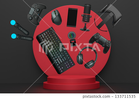 Multiple gaming devices and accessories floating above podium against abstract background, concept of modern gaming tech 133711535
