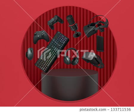 Multiple gaming devices and accessories floating above podium against abstract background, concept of modern gaming tech 133711536