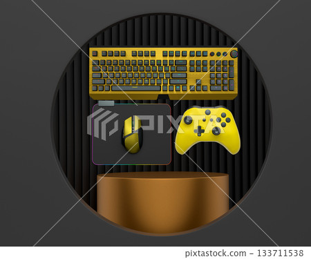 Gaming keyboard, mouse, and controller float in air on pastel background with podium, concept of gaming setup Gaming keyboard, mouse, and controller float in air on pastel background with podium, concept of gaming setup 133711538