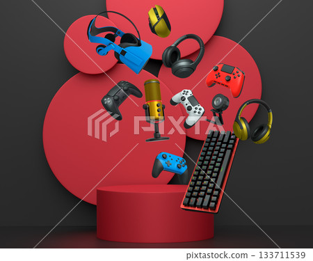 Multiple gaming devices and accessories floating above podium against abstract background, concept of modern gaming tech 133711539