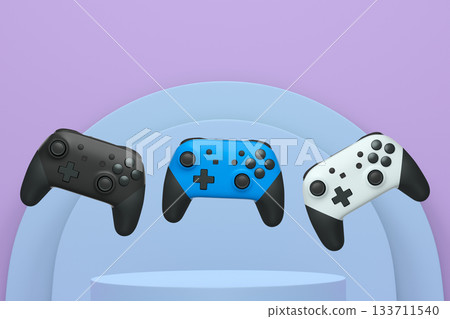 Colorful gaming controllers joystick levitating over podium against abstract background, minimalist concept device on pedestal Colorful gaming controllers joystick levitating over podium against abstract background, minimalist concept device on pedestal 133711540
