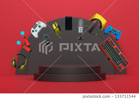 Multiple gaming devices and accessories floating above podium against abstract background, concept of modern gaming tech Multiple gaming devices and accessories floating above podium against abstract background, concept of modern gaming tech 133711544