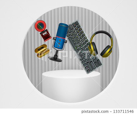 Gaming microphone, keyboard, headphones, webcam and earbuds floating above podium with abstract backdrop, tech concept Gaming microphone, keyboard, headphones, webcam and earbuds floating above podium with abstract backdrop, tech concept 133711546