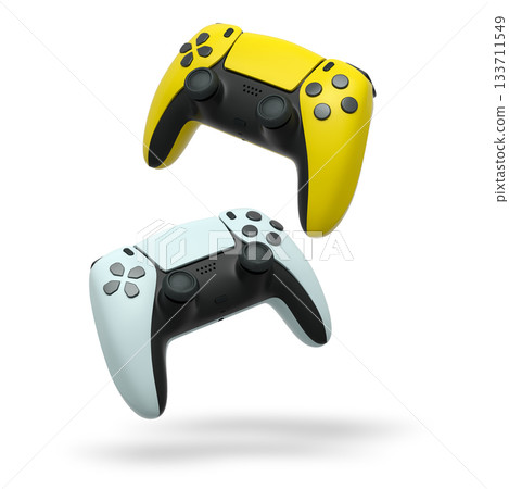 Wireless gaming controllers flying in air isolated on white background, symbolizing gaming technology concept 133711549