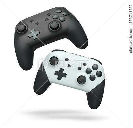 Wireless gaming controllers flying in air isolated on white background, symbolizing gaming technology concept Wireless gaming controllers flying in air isolated on white background, symbolizing gaming technology concept 133711551