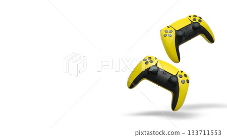 Wireless gaming controllers flying in air isolated on white background, symbolizing gaming technology concept 133711553