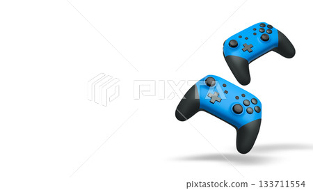Wireless gaming controllers flying in air isolated on white background, symbolizing gaming technology concept 133711554