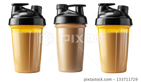 Shaker cup filled with chocolate protein shake, isolated on white transparent background, concept of fitness nutrition Shaker cup filled with chocolate protein shake, isolated on white transparent background, concept of fitness nutrition 133711729
