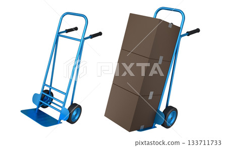 Set of Airport luggage cart or baggage trolley side with cardboard boxes or cartons 133711733