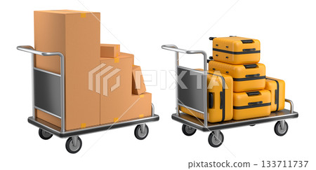 Set of suitcase and boxes on airport trolley cart for carrying baggage on white background Set of suitcase and boxes on airport trolley cart for carrying baggage on white background 133711737