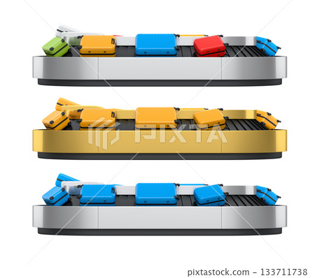 Set of Airport luggage conveyor belt or baggage claim area with suitcases on white. Set of Airport luggage conveyor belt or baggage claim area with suitcases on white. 133711738
