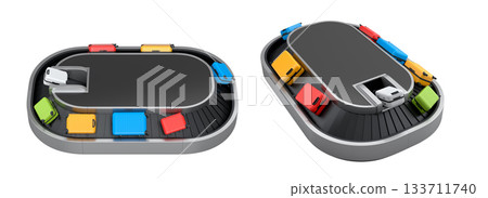 Set of Airport luggage conveyor belt or baggage claim area with suitcases on white. Set of Airport luggage conveyor belt or baggage claim area with suitcases on white. 133711740