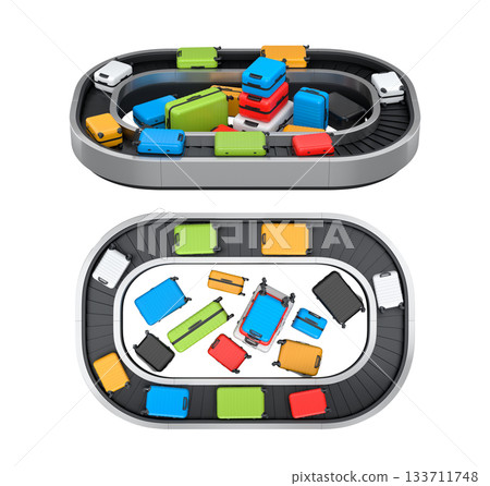 Set of Airport luggage conveyor belt or baggage claim area with suitcases on white. Set of Airport luggage conveyor belt or baggage claim area with suitcases on white. 133711748