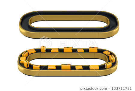 Set of Airport luggage conveyor belt or baggage claim area with suitcases on white. Set of Airport luggage conveyor belt or baggage claim area with suitcases on white. 133711751