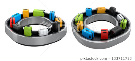 Set of Airport luggage conveyor belt or baggage claim area with suitcases on white. Set of Airport luggage conveyor belt or baggage claim area with suitcases on white. 133711753