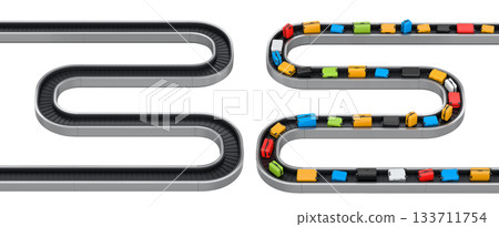 Set of Airport luggage conveyor belt or baggage claim area with suitcases on white. Set of Airport luggage conveyor belt or baggage claim area with suitcases on white. 133711754