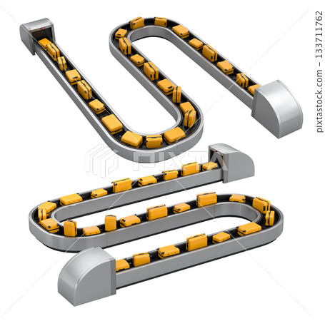 Set of Airport luggage conveyor belt or baggage claim area with suitcases on white. Set of Airport luggage conveyor belt or baggage claim area with suitcases on white. 133711762