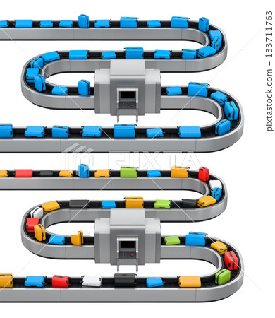 Set of Airport luggage conveyor belt or baggage claim area with suitcases on white. Set of Airport luggage conveyor belt or baggage claim area with suitcases on white. 133711763