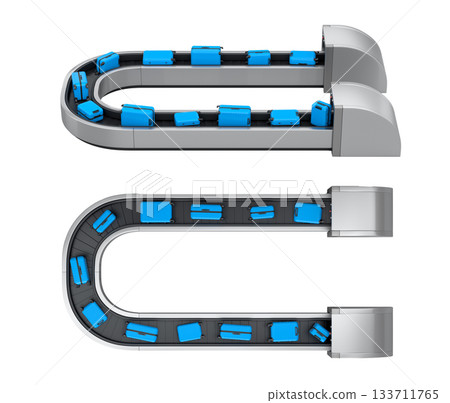 Set of Airport luggage conveyor belt or baggage claim area with suitcases on white. 133711765