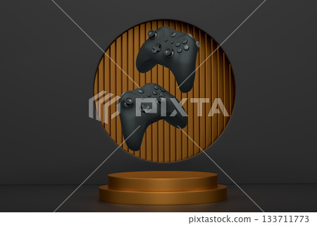 Colorful gaming controllers joystick levitating over podium against abstract background, minimalist concept device on pedestal 133711773