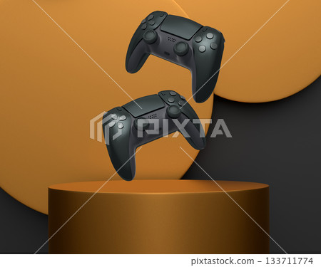 Colorful gaming controllers joystick levitating over podium against abstract background, minimalist concept device on pedestal 133711774