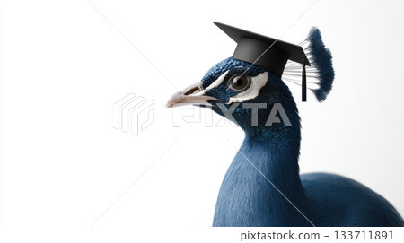 Realistic photo of a beautiful peacock wearing a black graduation hat, showcasing vibrant colors and elegant feathers against a white background 133711891