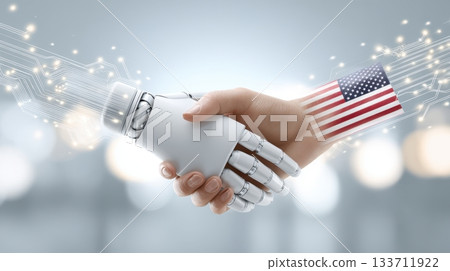 American Human and robotic hands shaking, symbolizing collaboration between technology and humanity, with digital elements enhancing the futuristic concept American Human and robotic hands shaking, symbolizing collaboration between technology and humanity, with digital elements enhancing the futuristic concept 133711922