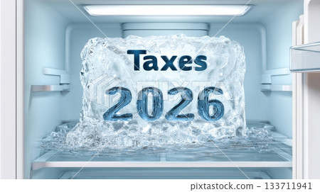 Ice block with the word Taxes 2026 inside a refrigerator, symbolizing the urgency and chill of tax season approaching for individuals and businesses 133711941