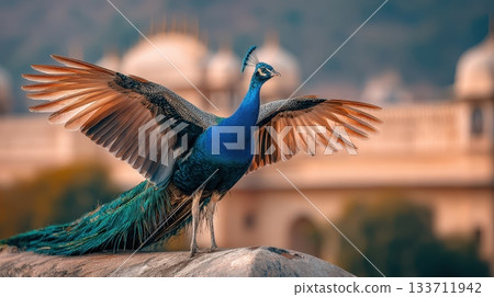 Majestic peacock displaying vibrant plumage while perched gracefully on a grand dome, showcasing intricate details and warm sunlight ambiance 133711942