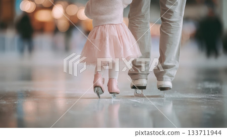 Little girl in pink skirt ice skating with her dad on an indoor rink, showcasing joyful moments and family bonding on the ice 133711944