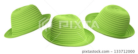 Set of woven straw hats shown from different angles isolated on white background, showcasing summer fashion accessories 133712000