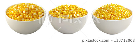 Bowl of yellow corn kernels isolated on white transparent background, concept of healthy food. 133712008