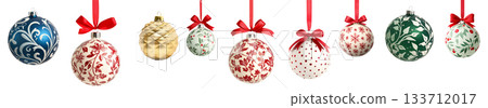 Various Christmas ornaments including baubles, stars, pine cone isolated on white background, New Yeaw and Christmas holidays 133712017