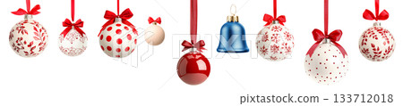 Various Christmas ornaments including baubles, stars, pine cone isolated on white background, New Yeaw and Christmas holidays Various Christmas ornaments including baubles, stars, pine cone isolated on white background, New Yeaw and Christmas holidays 133712018