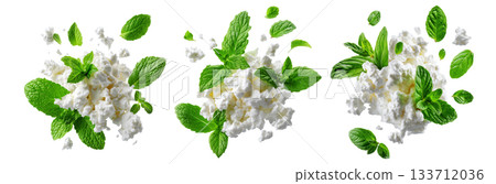 Fresh cottage cheese with green mint leaves, isolated on white background, concept of healthy food and freshness Fresh cottage cheese with green mint leaves, isolated on white background, concept of healthy food and freshness 133712036