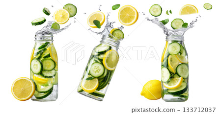 Sliced lemon, cucumber, and mint in glass jar with water splashing, isolated on white transparent background 133712037