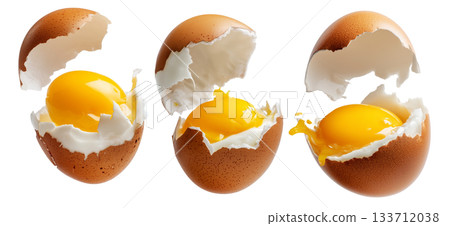 Cracked brown egg with intact yolk and broken shell in high detail, isolated on white transparent background Cracked brown egg with intact yolk and broken shell in high detail, isolated on white transparent background 133712038