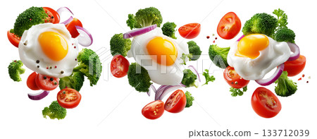 Fried egg, broccoli florets, cherry tomatoes, and onion rings floating mid-air, isolated on white transparent background 133712039