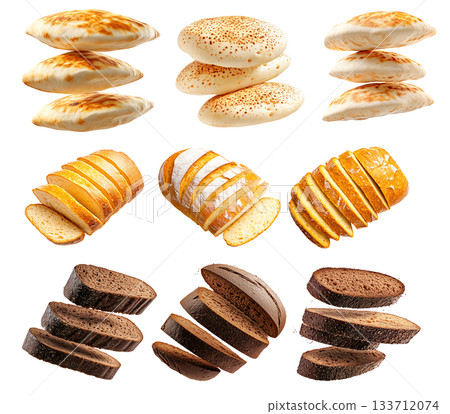 Various types of sliced flatbreads, rye breads, and white loaves on white background, concept of bakery and food variety Various types of sliced flatbreads, rye breads, and white loaves on white background, concept of bakery and food variety 133712074