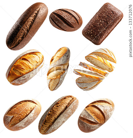 Assortment of different fresh bread loaves and slices on white background. Concept of bakery goods, food variety and freshness Assortment of different fresh bread loaves and slices on white background. Concept of bakery goods, food variety and freshness 133712076