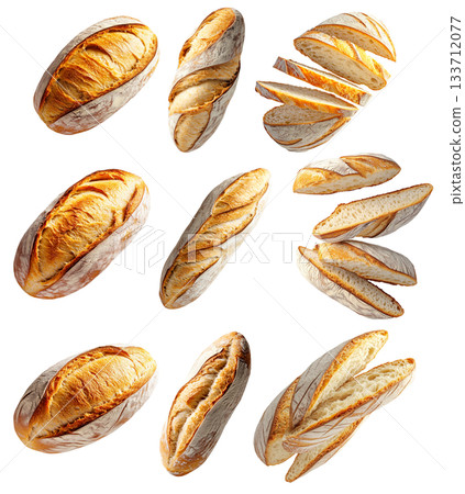 Set of Loaf of Sourdough bread, crust and texture isolated on white transparent background, concept of bakery Set of Loaf of Sourdough bread, crust and texture isolated on white transparent background, concept of bakery 133712077