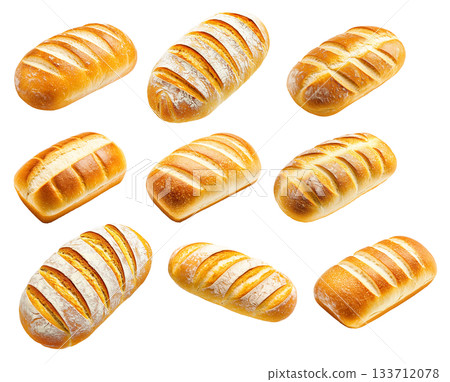 Set of loaf of wheat bread showing its golden crust and soft interior, isolated on white transparent background Set of loaf of wheat bread showing its golden crust and soft interior, isolated on white transparent background 133712078